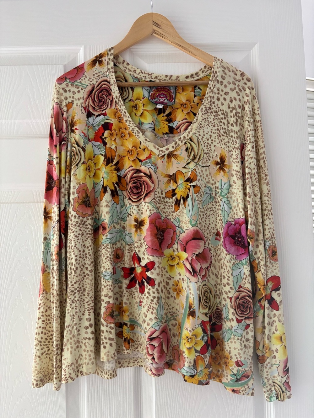 Johnny Was Cream Floral V-Neck Blouse with Multicolor Flowers
